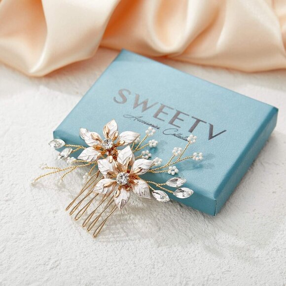 Gold Bridal Hair Comb Handmade Wedding Accessory Floral Rhinestone Women main image 6